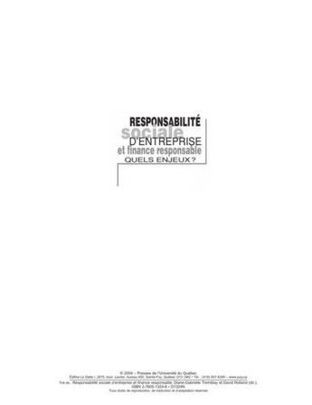 Couverture du livre « Responsabilité sociale d'entreprise et finance responsable ; quels enjeux? » de Tremblay et Rollan aux éditions Pu De Quebec