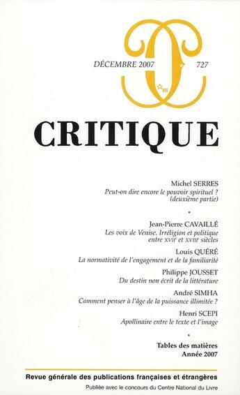 Couverture du livre « Revue critique n.727 » de Revue Critique aux éditions Minuit