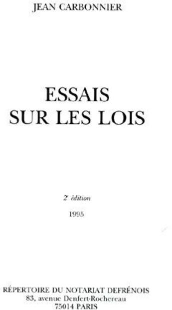 Couverture du livre « Essais sur les lois 1995 (2e édition) » de Jean Carbonnier aux éditions Defrenois