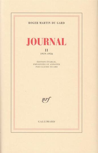 Couverture du livre « Journal - vol02 - 1919-1936 » de Roger Martin Du Gard aux éditions Gallimard