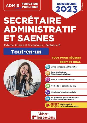 Couverture du livre « Concours secrétaire administratif et SAENES : catégorie B tout-en-un externe et interne ; concours 2023 » de Thibaut Klinger et Loic Goffe et Rene Guimet et Marc Doucet et Erwan L'Helgoualc'H aux éditions Vuibert