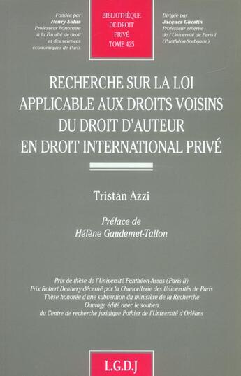 Couverture du livre « Recherche sur la loi applicable aux droits voisins du droit d'auteur en droit in - vol425 » de Azzi T. aux éditions Lgdj