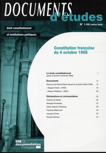 Couverture du livre « Constitution française du 4 octobre 1958 (édition 2008) » de  aux éditions Documentation Francaise