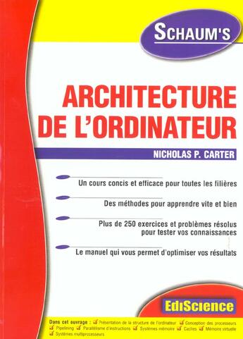 Couverture du livre « Architecture De L'Ordinateur ; Cours Et Exercices Corriges » de Nicholas Carter aux éditions Ediscience
