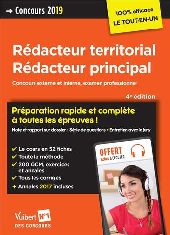 Couverture du livre « Rédacteur territorial, rédacteur principal ; concours externe et interne, examen professionnel (concours 2019) » de  aux éditions Vuibert