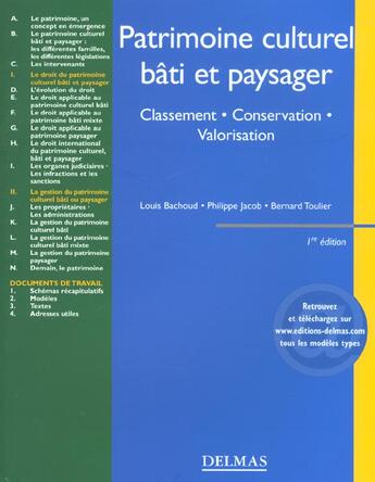 Couverture du livre « Patrimoine culturel, bati et paysager. classement . conservation . valorisation - 1ere ed. » de Louis Bachoud aux éditions Delmas