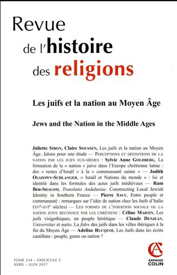 Couverture du livre « Revue de l'histoire des religions (2/2017) les juifs et la nation au moyen age » de  aux éditions Armand Colin