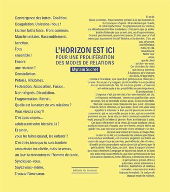 Couverture du livre « L'horizon est ici ; pour une prolifération des modes de relations » de Myriam Suchet aux éditions Editions Du Commun