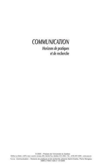 Couverture du livre « Communication ; horizons de pratiques et de recherche » de Pierre Mongeau et Johanne Saint-Charles aux éditions Pu De Quebec