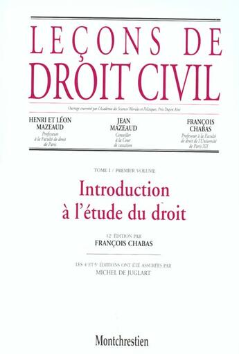 Couverture du livre « Introduction a l'etude du droit - 12eme edition - vol01 » de Chabas F. aux éditions Lgdj