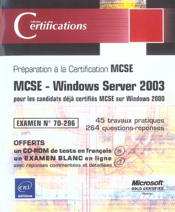 Couverture du livre « Windows server 2003 ; examen 70-296, pour les candidats deja certifies mcse sur windows 2000 » de Jean-Yves Corfmat aux éditions Eni