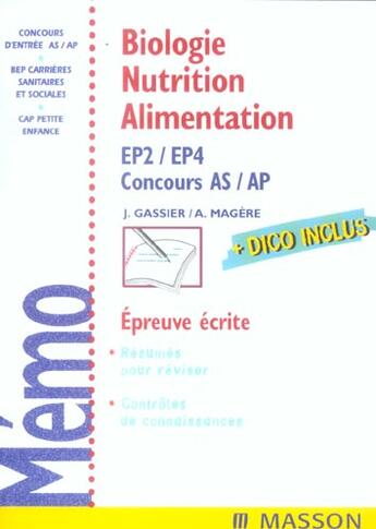 Couverture du livre « Biologie nutrition alimentation ; ep2/ep4. concours as/ap » de Jacqueline Gassier aux éditions Elsevier-masson