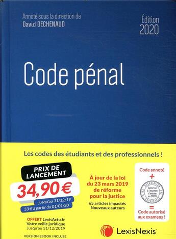 Couverture du livre « Code pénal (édition 2020) » de David Dechenaud aux éditions Lexisnexis