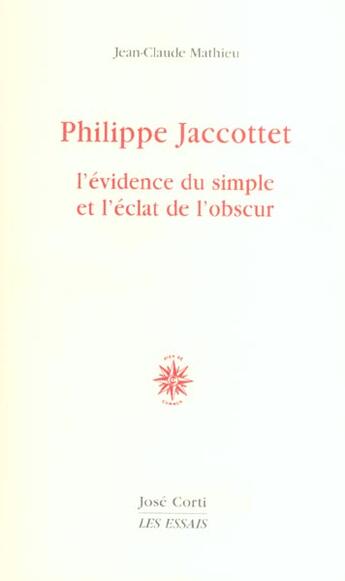 Couverture du livre « Philippe Jacottet, l'évidence du simple et l'éclat de l'obscur » de Jean-Claude Mathieu aux éditions Corti