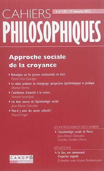 Couverture du livre « Cahiers philosophiques n 142 3e trimestre 2015 » de  aux éditions Reseau Canope