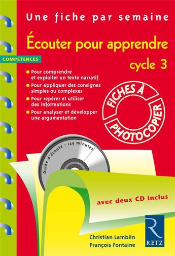 Couverture du livre « Écouter pour apprendre ; cycle 3 ; fiches à photocopier » de Lamblin/Fontaine aux éditions Retz