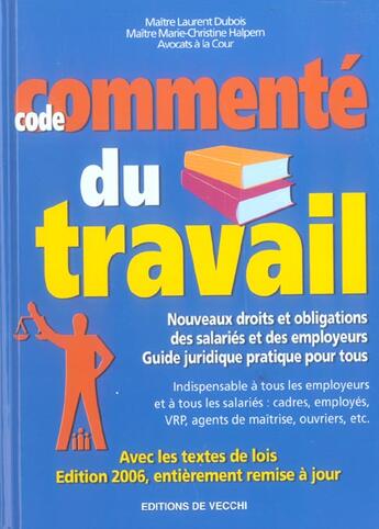 Couverture du livre « 06 code commente du travail (édition 2006) » de Laurent Dubois aux éditions De Vecchi