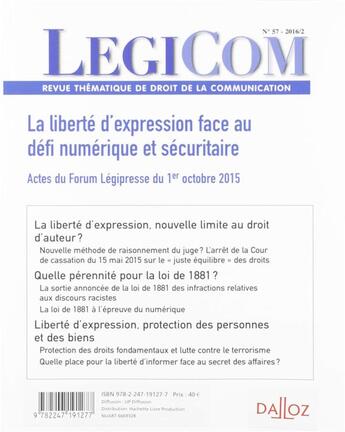 Couverture du livre « Legicom t.57 ; liberté d'expression face au défi numérique et sécuritaire » de Legicom aux éditions Dalloz