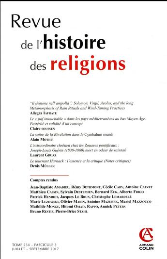 Couverture du livre « Revue de l'histoire des religions (3/2017) varia » de Revue De L'Histoire Des Religions aux éditions Armand Colin