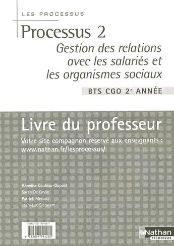 Couverture du livre « Processus 2 bts cgo 2e annee prof 2004 gestion desrelations avec les salaries et organismes sociaux » de Couleau-Dupont/Gryse aux éditions Nathan