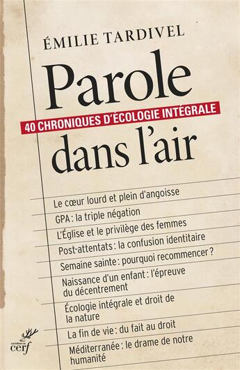 Couverture du livre « Paroles dans l'air » de Emilie Tardivel aux éditions Cerf