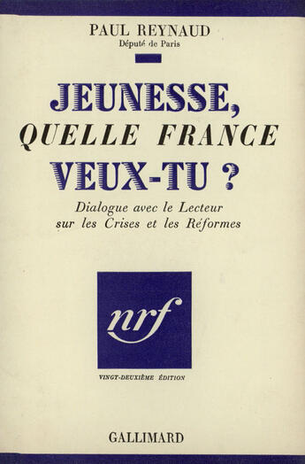 Couverture du livre « Jeunesse Quelle France » de Reynaud P aux éditions Gallimard