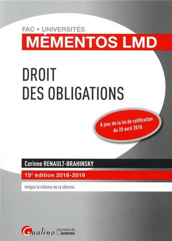 Couverture du livre « Droit des obligations (édition 2018/2019) » de Corinne Renault-Brahinsky aux éditions Gualino