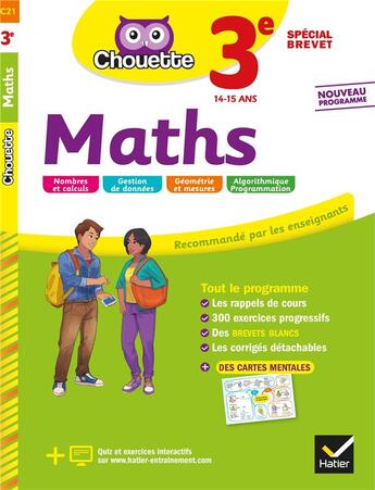 Couverture du livre « Chouette entrainement - 21 - maths 3e special brevet - cahier d'entrainement et de revision » de Bonnefond Gerard aux éditions Hatier