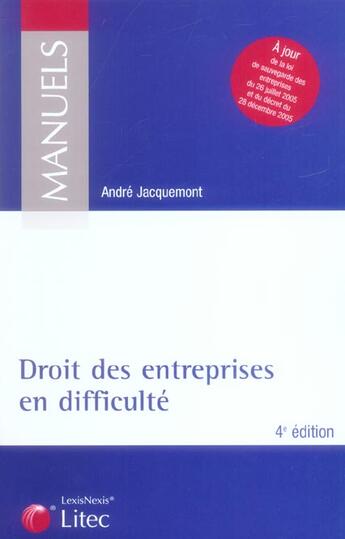 Couverture du livre « Droit des entreprises en difficulte (4e edition) » de Andre Jacquemont aux éditions Lexisnexis