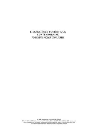 Couverture du livre « L'expérience touristique contemporaine ; fondements sociaux et culturels » de Marc Laplante aux éditions Presses De L'universite Du Quebec