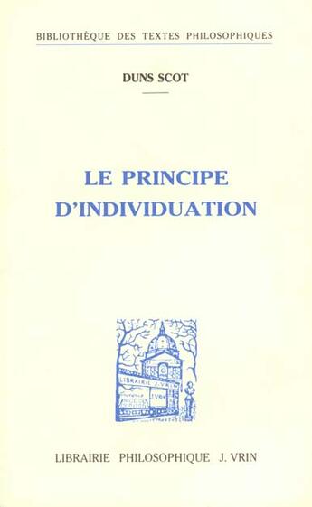 Couverture du livre « Principe D'Individuation » de Duns Scot aux éditions Vrin