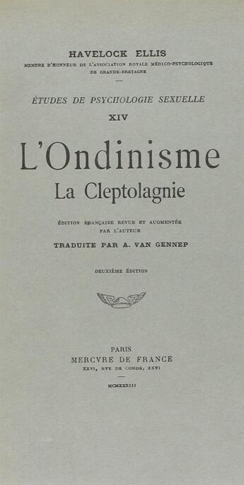 Couverture du livre « L'ondinisme, la cleptolagnie » de Ellis Havelock aux éditions Mercure De France