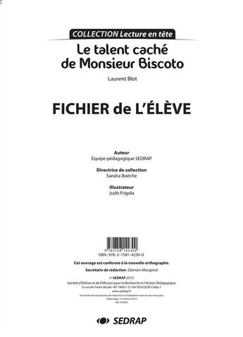 Couverture du livre « Lecture En Tete ; Le Talent Caché De Monsieur Biscoto ; Fichier De L'Elève » de Laurent Blot aux éditions Sedrap