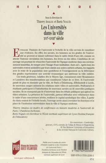 Couverture du livre « Les universités dans la ville ; XVIe-XVIIIe siècle » de Boris Nogues et Thierry Amalou aux éditions Pu De Rennes