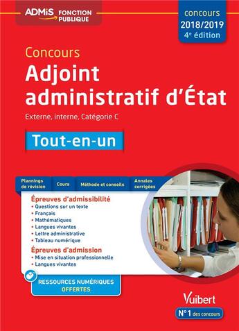 Couverture du livre « Concours adjoint administratif d'Etat ; externe, interne, catégorie C ; tout-en-un (concours 2018/2019) » de Dominique Herbaut et Pierre-Brice Lebrun et Bernadette Lavaud aux éditions Vuibert