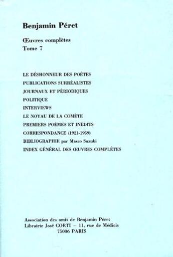 Couverture du livre « Oeuvres complètes t.7 » de Benjamin Peret aux éditions Corti