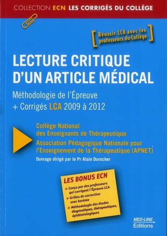 Couverture du livre « Lecture critique d'un article médical ; corrigés 2009 à 2012 et méthodologie de l'épreuve » de  aux éditions Med-line