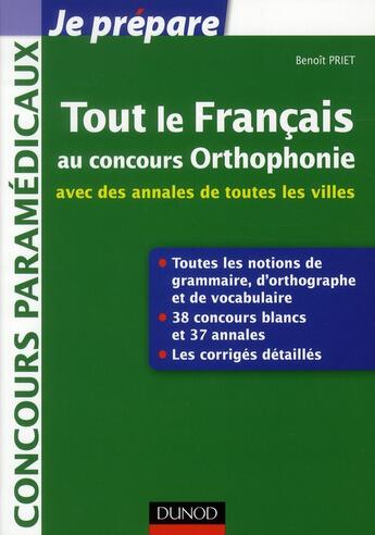 Couverture du livre « Je prépare ; tout le français au concours orthophonie ; avec des annales de toutes les villes » de Benoit Priet aux éditions Dunod