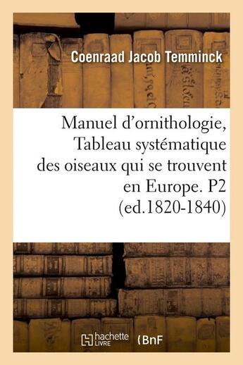 Couverture du livre « Manuel d'ornithologie, tableau systematique des oiseaux qui se trouvent en europe. p2 (ed.1820-1840) » de Temminck C J. aux éditions Hachette Bnf