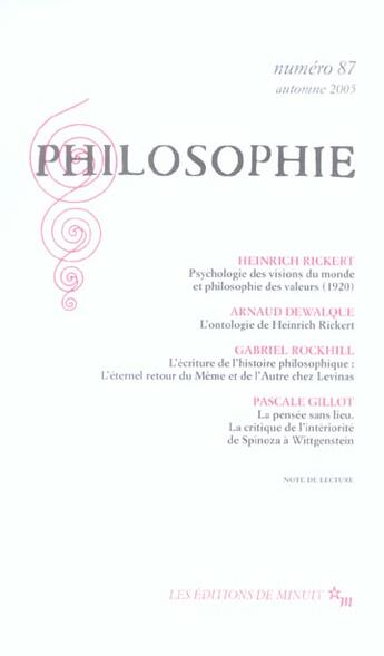 Couverture du livre « Revue Philosophie Minuit T.87 » de  aux éditions Minuit