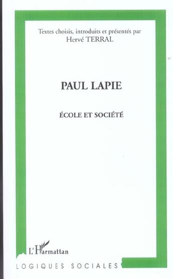 Couverture du livre « Paul lapie - ecole et societe » de  aux éditions L'harmattan