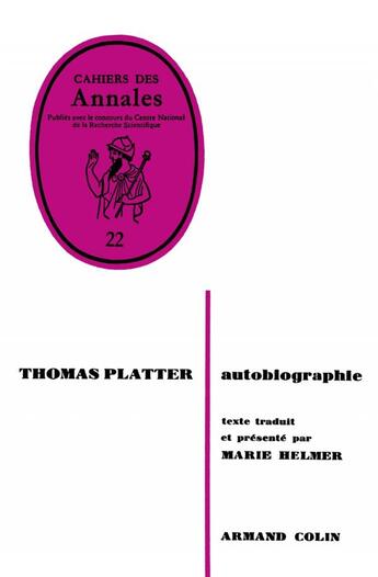 Couverture du livre « Autobiographie » de Platter Thomas aux éditions Ehess