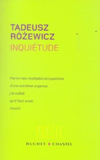 Couverture du livre « Inquiétude » de Tadeusz Rozewicz aux éditions Buchet Chastel