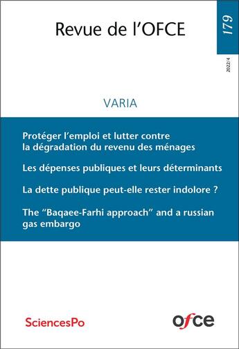 Couverture du livre « Revue de l'OFCE N° 179 (4/2022) : VARIA » de Gerard Maarek et Levy-Garboua/Vivien et Arnaud Lechevalier et Francois Geerolf et Solal Chardon-Boucaud et Léo Vigny aux éditions Ofce