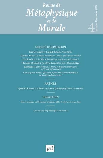 Couverture du livre « Revue de metaphysique et morale, 2022-4 » de  aux éditions Puf