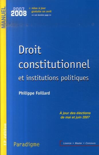 Couverture du livre « Droit constitutionnel » de Philippe Foillard aux éditions Paradigme Cpu