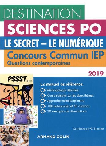 Couverture du livre « Questions contemporaines ; concours commun IEP ; le secret - le numérique (édition 2019) » de Gregory Bozonnet aux éditions Armand Colin