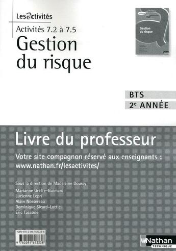 Couverture du livre « Gestion du risque ; activités 7.2 à 7.5 ; BTS 2e année ; livre du professeur (édition 2010) » de Doussy Madeleine aux éditions Nathan