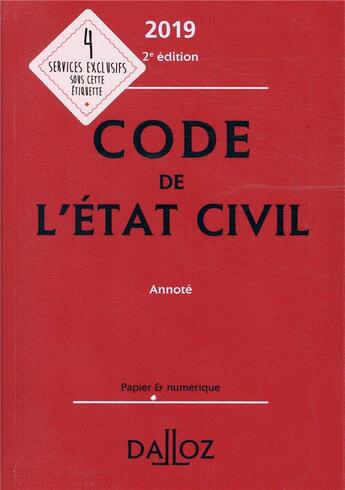 Couverture du livre « Code de l'état civil (édition 2019) (2e édition) » de  aux éditions Dalloz