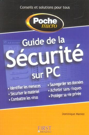 Couverture du livre « Guide De La Securite Sur Pc » de Maniez Dominique aux éditions First Interactive